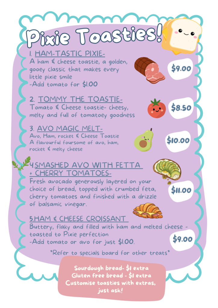Pixie Toasties menu